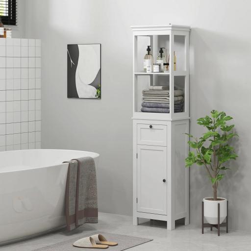 Mueble de Baño con Cajón Puerta Estante Ajustable y 2 Compartimientos Armario de Baño Moderno 40x30x165 cm Blanco [3]