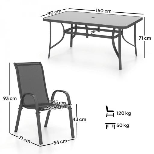 Juego de Mesa y 6 Sillas para Terraza con Orificio para Sombrilla y Encimera de Cristal para Terraza Patio Gris [1]