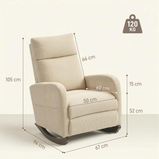 Silla Mecedora de Pana con Respaldo Alto Patas de Madera de Caucho Bolsillos Reposabrazos Estilo Moderno Beige [2]