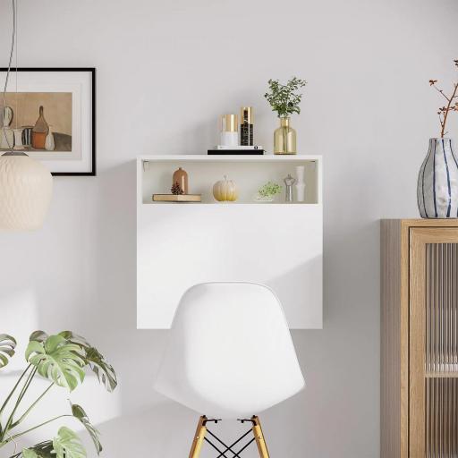 Escritorio Plegable de Pared Moderno Mesa Flotante Multifuncional con Estantes de Almacenamiento 64x20x60 cm Blanco [8]