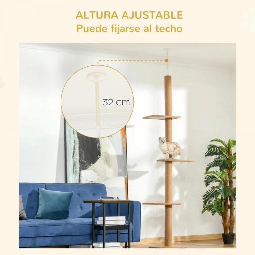 Árbol Rascador para Gatos de Suelo a Techo Torre para Gatos con Altura Ajustable 43x27x228-260 cm Marrón Claro y Beige [3]