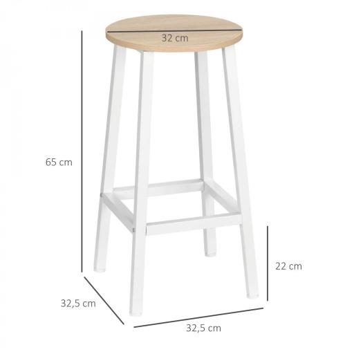 Juego de 2 Taburetes Altos de Cocina con Asiento de Melamina y Patas de Acero 32,5x32,5x65 cm Natural y Blanco [1]