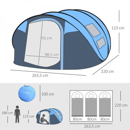 Tienda de Camping Pop-up con Ventanas Bolsillos y Bolsa de Transporte Impermeable Anti-UV 263,5x220x123 cm Azul [1]