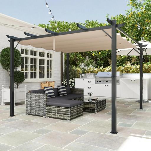 Pérgola de Aluminio 3x3m para Jardín Patio o Terraza con Techo Retráctil Tela Poliéster Resistente a Agua Marrón y Gris [9]