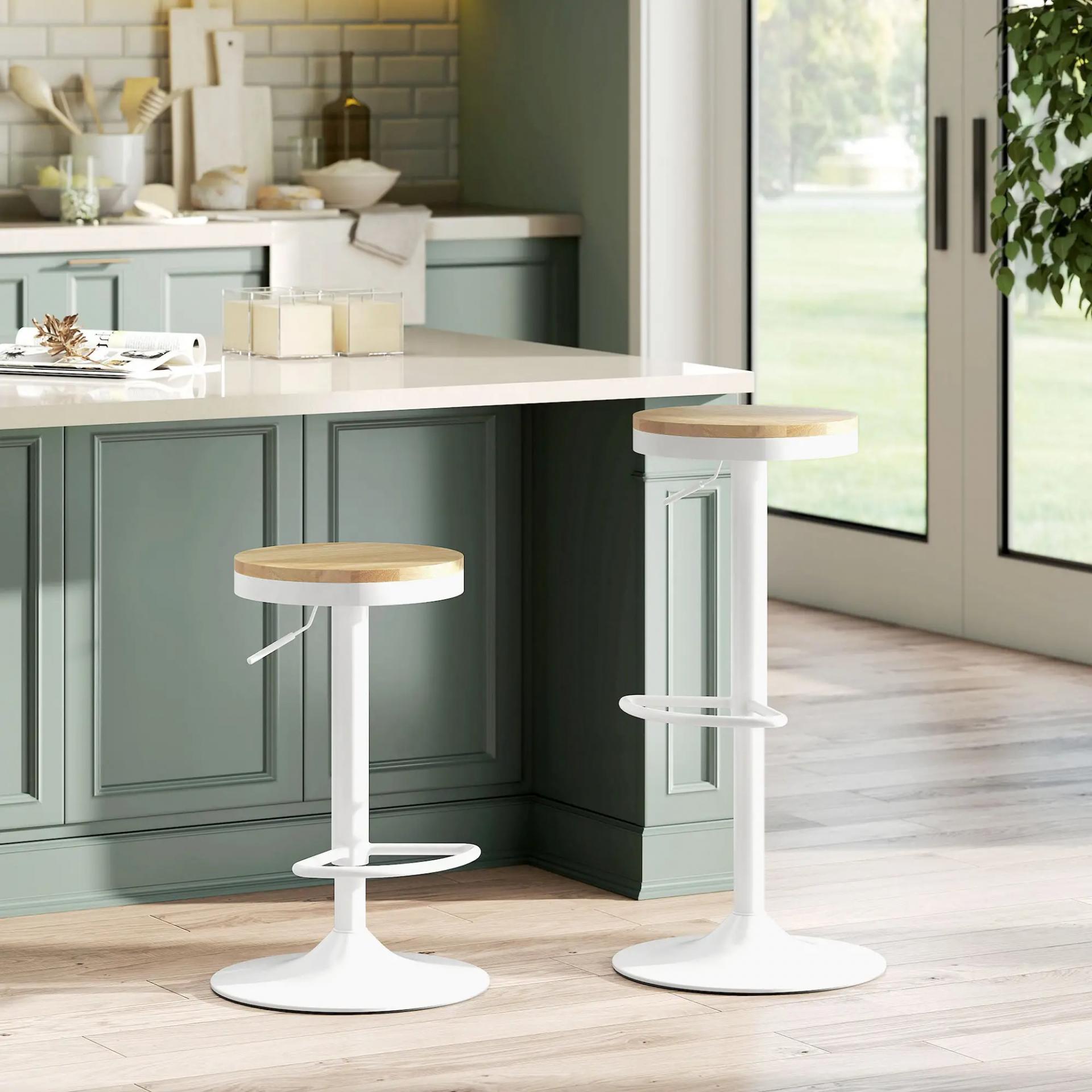 Juego de 2 Taburetes Altos de Cocina con Altura Ajustable Asiento de Madera Marco de Acero y Reposapiés Natural y Blanco