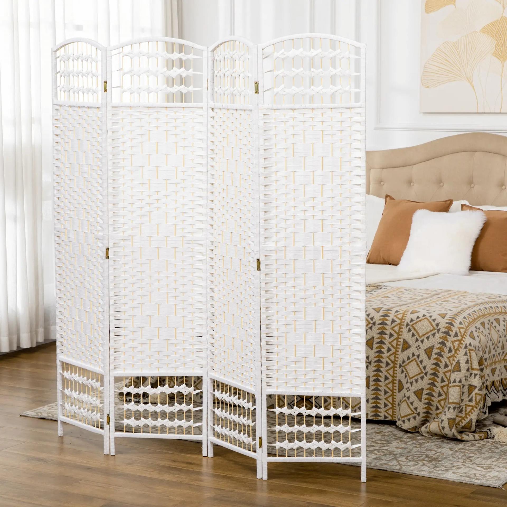 Biombo Separador de Ambientes de 4 Paneles Plegable de Cuerda de Papel 160x170cm Decoración para Dormitorio Salón Blanco