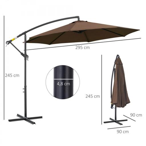 Sombrilla de Jardín Ø295 cm Parasol Excéntrico Inclinable con Manivela Base Cruzada y Soporte de Acero Café [1]