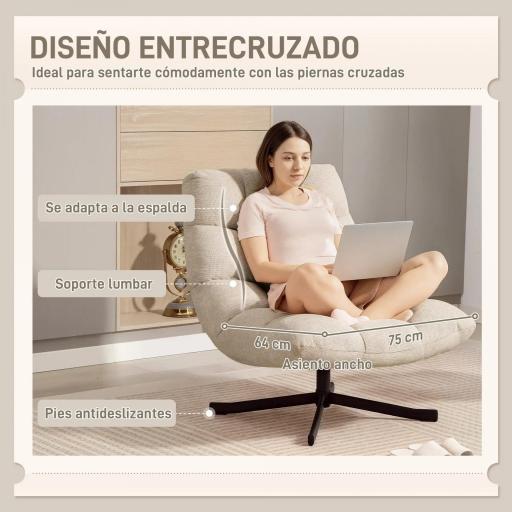 Butaca de Salón Giratoria Moderna Tapizada en Chenilla con Asiento Ancho Base Cruz y Patas de Acero Sillón Relax Crema [6]