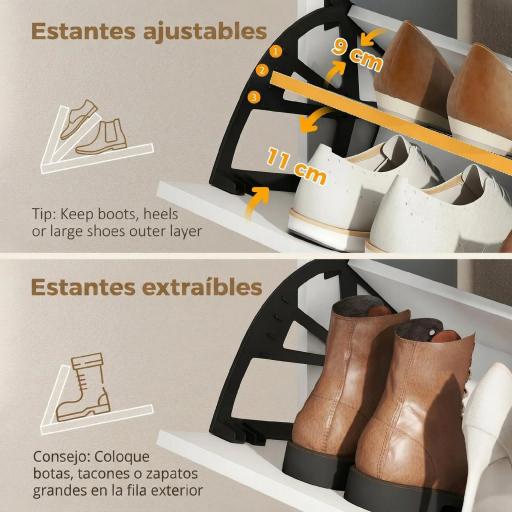 Mueble Zapatero Moderno con 2 Cajones Abatibles Armario y Estantes Ajustables para 10-14 Pares de Zapatos Blanco [7]