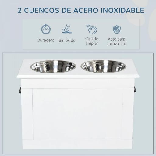 Cuencos para Perros con 2 Tazones de Acero Inoxidable y Espacio de Almacenaje Oculto 60x30x41 cm Blanco [4]