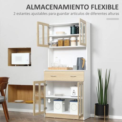 Alacena de Cocina con 4 Puertas de Vidrio Encimera Abierta Cajón Estantes Ajustables 80x40x180 cm Blanco y Natural [4]
