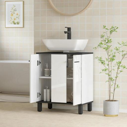 Mueble Bajo Lavabo con 2 Puertas y Estante Ajustable para Lavabo con o sin Pedestal 60x34x70 cm Blanco Brillo [2]