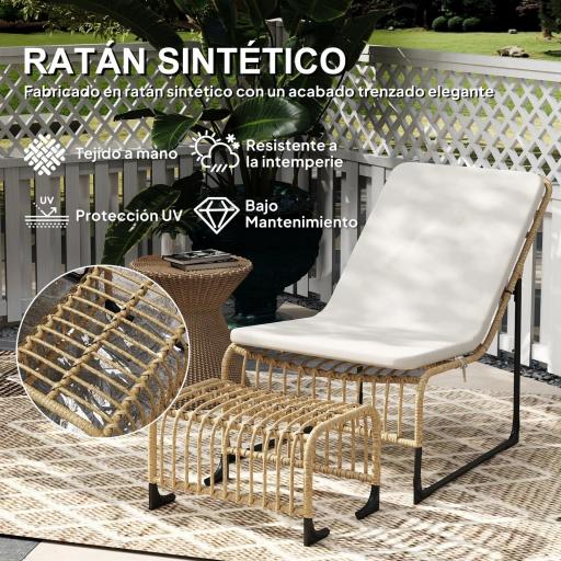 Sillón de Exterior con Reposapiés, Cojín Acolchado y Estructura de Acero con Ratán Sintético Duradero 93x65x80 cm Beige [6]