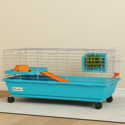  Jaula para Animales Pequeños con Ruedas Botella Comedero Dispensador de Heno para Conejos y Cobayas 89x44x43 cm Azul [6]