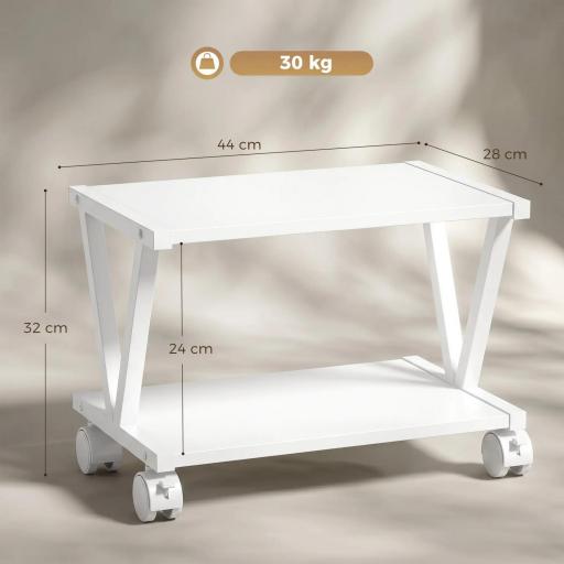 Soporte para Impresora de 2 Niveles Bajo Escritorio con Ruedas Bloqueables para Oficina en Casa 44x28x32 cm Blanco [1]