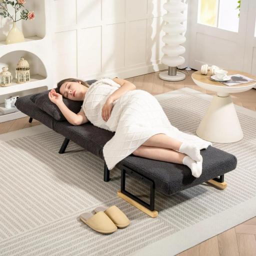 Sofá Cama Individual Plegable Silla Cama Convertible 4 en 1 Respaldo Ajustable de 5 Niveles y Almohada 63x73x81 cm Gris [6]