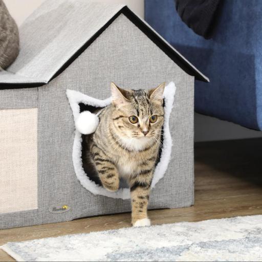 Caseta para Gatos Casa para Gatos Interior con Almohadilla para Rascar Cojín Suave y Bola Colgante 65x41x45,5 cm Gris [2]