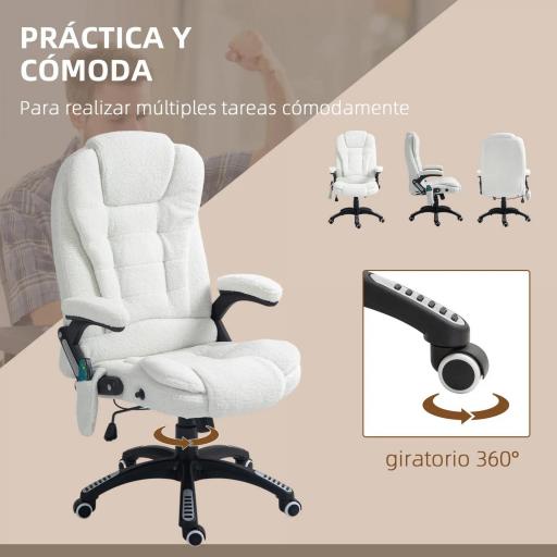 Silla de Oficina con Masaje de 6 Puntos con Función de Calefacción Tejido de Borreguito 68x72x110-120 cm Blanco [2]