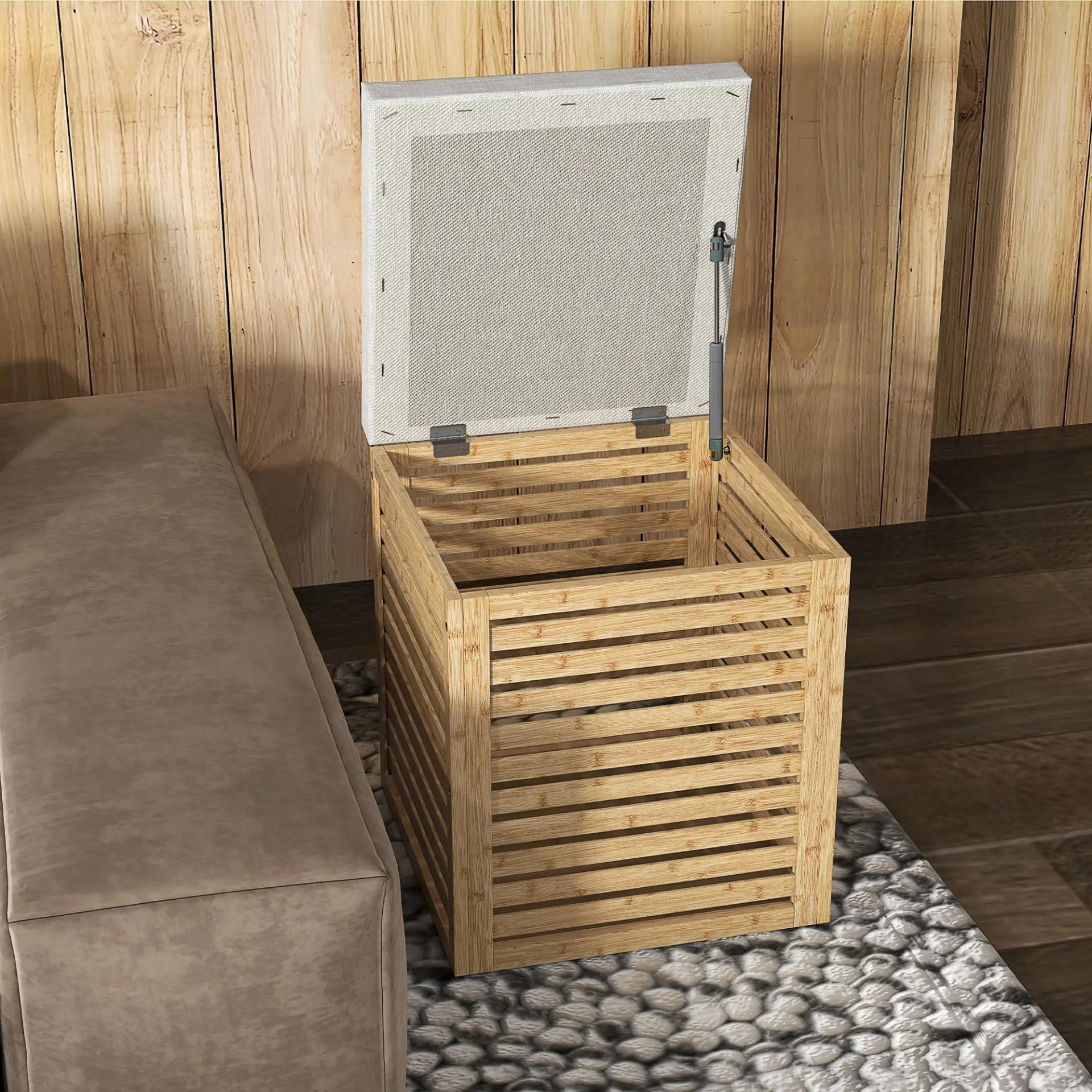 Baúl de Almacenaje para Dormitorio 54,7L con Asiento Desmontable Marco de Bambú 40x40x47 cm Gris y Natural