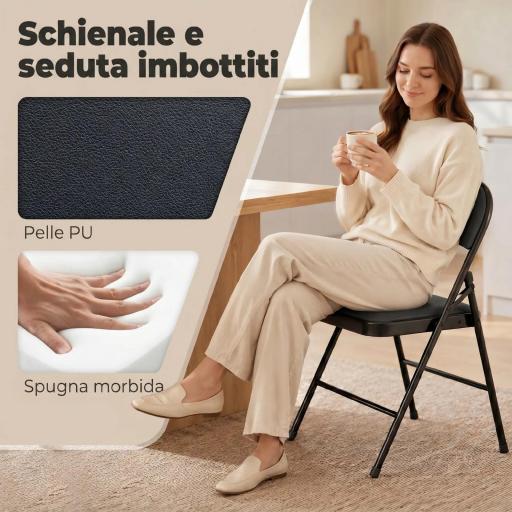 Juego de 4 Sillas Plegables Acolchadas con Respaldo y Estructura de Acero para Salón Comedor Cocina 45x46x78 cm Negro [4]