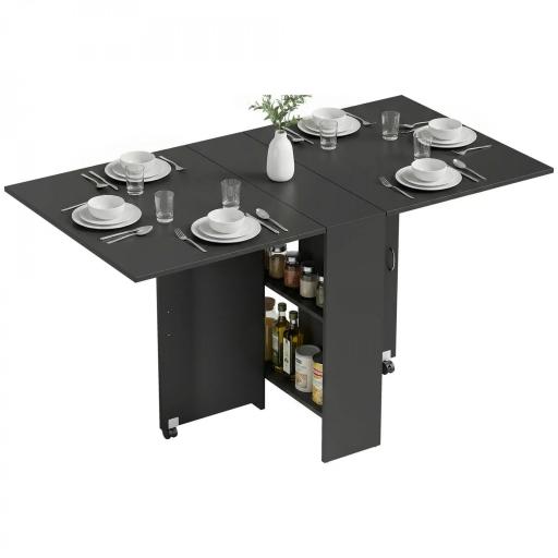 Mesa de Cocina Plegable con 2 Ruedas 2 Estantes de Almacenaje y 2 Alas Abatibles Estilo Moderno 75x140x74 cm Negro [9]