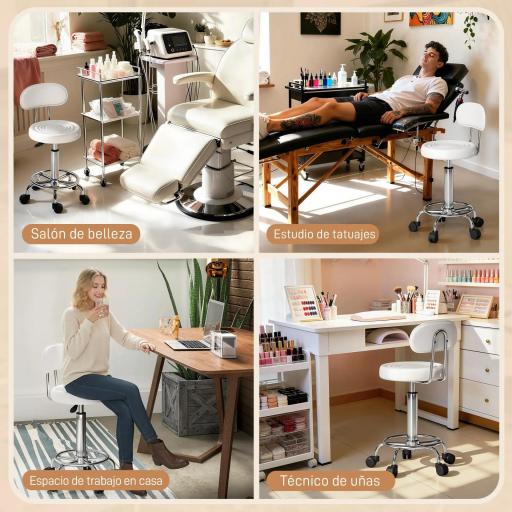 Taburete Giratorio con Respaldo y Ruedas Silla Ajustable para Salón de Belleza Estudio de Tatuajes 32x40x70-86cm Blanco [5]