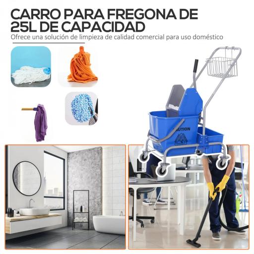 Carro de Limpieza Profesional con Cubo de Fregado Extraíble de 25 Litros y Escurridor de Prensa 72x49,5x95 cm Azul [5]