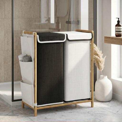 Cesto de Ropa Sucia con Tapa 120L de Bambú con 2 Compartimentos Bolsas con Cordón Bolsillos Laterales Blanco y Negro [4]