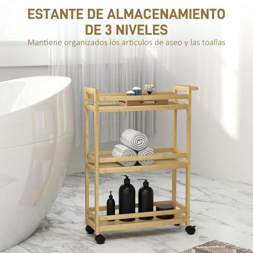 Estantería de Baño de Bambú de 3 Niveles Carrito Auxiliar de Almacenaje con Ruedas 55x20x75 cm Natural [6]