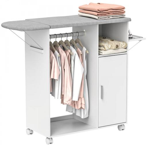 Mueble de Planchar con Ruedas Barra para Colgar Ropa Estante Abierto y Tablero Plegable 127x42,5x99 cm Blanco [10]