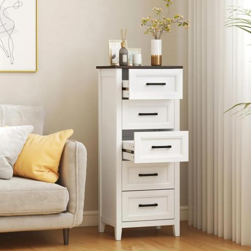 Cómoda Dormitorio Estrecho y Alto con Encimera Efecto Madera Cajonera para Espacios Pequeños 45x35x106 cm Blanco [4]