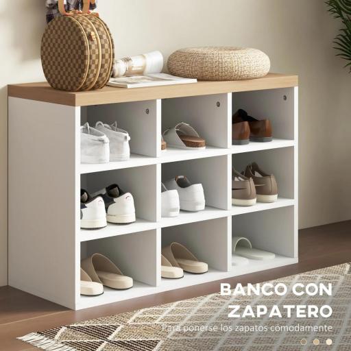 Recibidor con Perchero y Banco Zapatero Muebles de Entrada con 3 Ganchos y Estantes para 9 Pares de Zapatos Blanco [6]