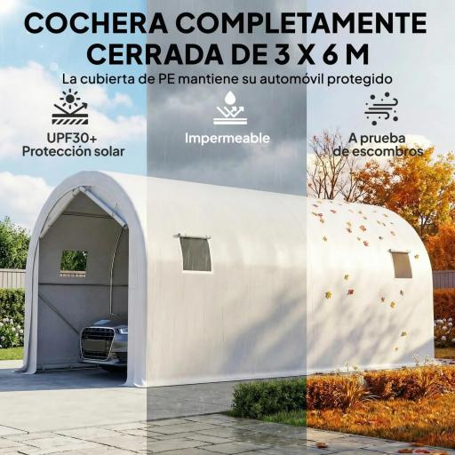 Garaje Exterior para Coche 3x6 m Impermeable con Tejido PE Resistente Marco de Metal Galvanizado UPF 30+ Blanco [5]