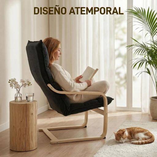 Sillón de Salón Moderno con Respaldo Alto Acolchado Patas de Madera y Tapizado en Terciopelo 67x83x105 cm Negro [2]