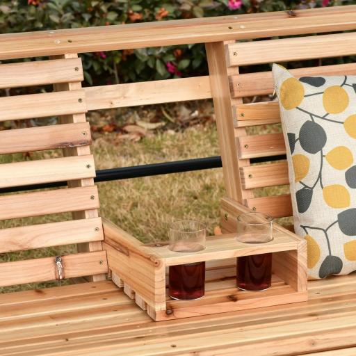 Banco Colgante de Madera con Mesa de Centro Plegable 2 Portavasos y Reposabrazos Carga 200 kg 150x75x53 cm Natural [6]