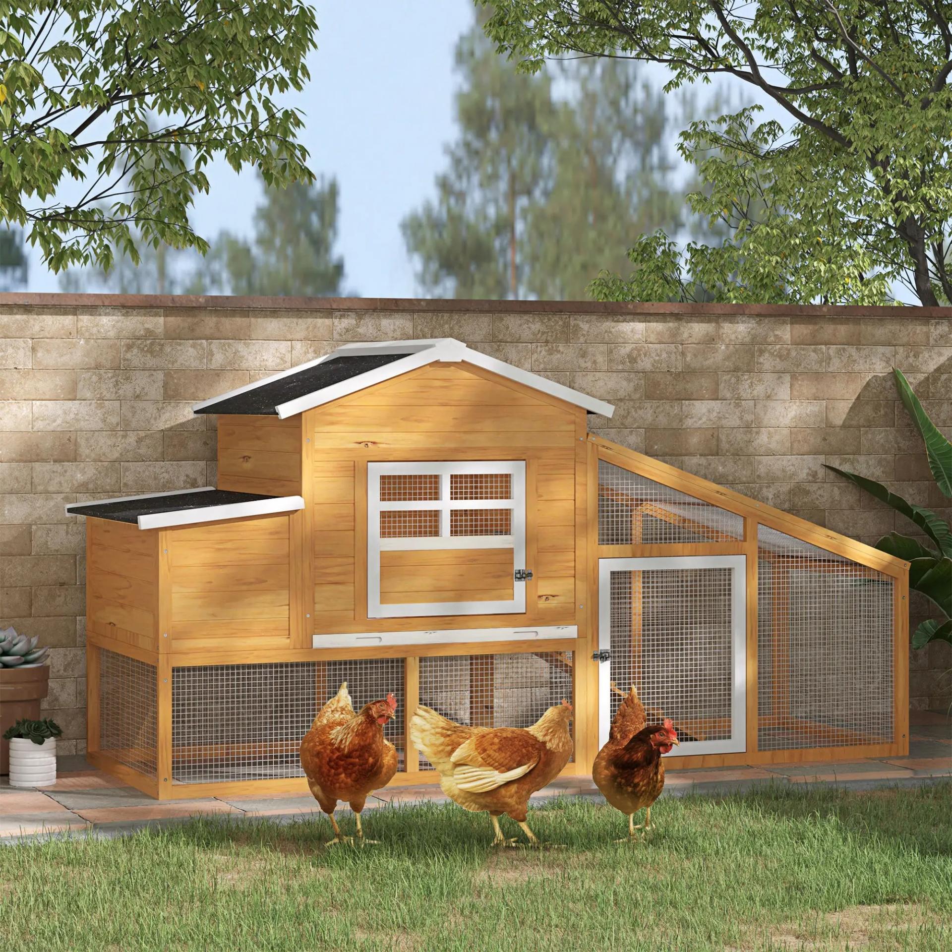 Gallinero de Madera Exterior Jaula para 2-4 Gallinas con Corral de Alambre Techos Asfálticos Nido Bandeja Extraíble y Rampa 200x80x105 cm Marrón