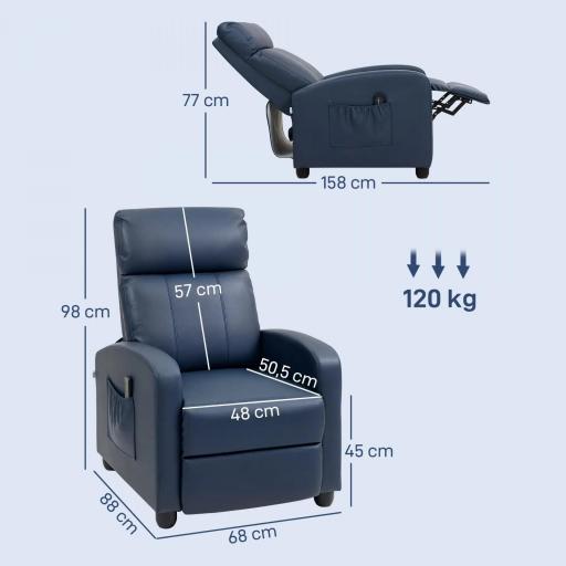 Sillón de Masaje Reclinable con Mando a Distancia Bolsillo Lateral y Temporizador Tapizado en PU 68x88x98 cm Azul Oscuro [1]