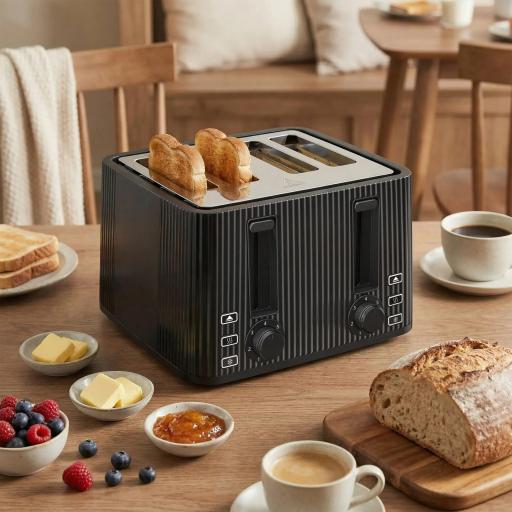 Tostadora 4 Ranuras Anchas 7 Niveles de Tostado Función Descongelar Recalentar y Cancelar Bandeja Extraíble Negro