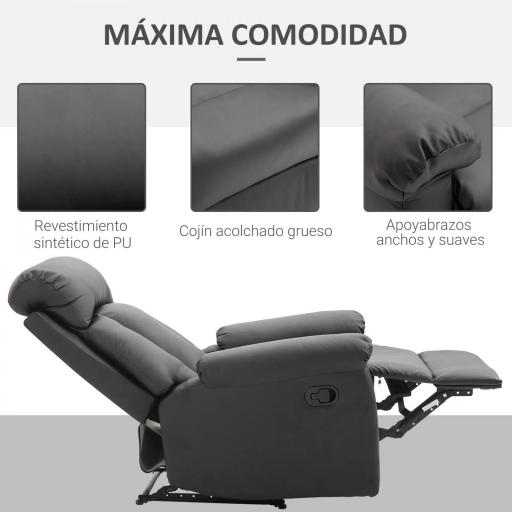 Sillón Relax Reclinable hasta 150° Tapizado en PU Butaca de Salón con Reposapiés Retráctil Respaldo Alto Resposabrazos para Dormitorio 80x97x107 cm Negro [3]