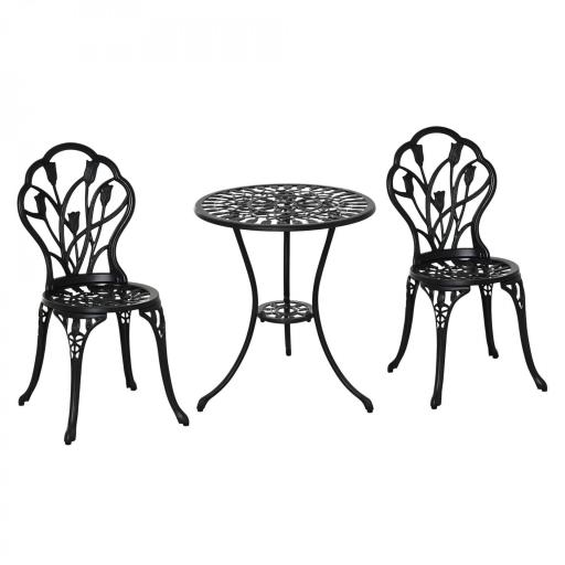Set de Jardín 3 Piezas con Mesa Redonda Ø60x67 cm y 2 Sillas 42,5x47,5x89 cm Mesa con Orificio para Sombrilla Negro [9]