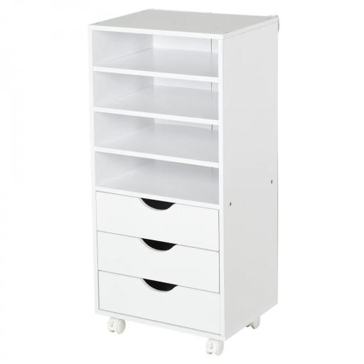 Cajonera de Oficina con 3 Cajones y 4 Estantes Abiertos Cajonera Escritorio con Ruedas para Oficina 38x40x86,8 cm Blanco [3]