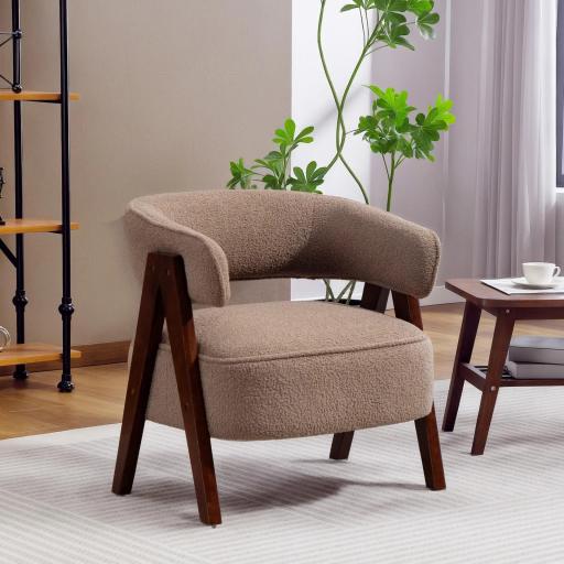 Butaca de Salón Tapizada en Borreguito Acolchada Gruesa Patas de Madera Respaldo Curvado 70x64x71 cm Marrón Claro