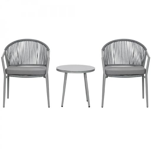 Juego de 2 Sillas y Mesa de Ratán con Cojines Acolchados y Encimera de Vidrio para Balcón Terraza Gris [9]