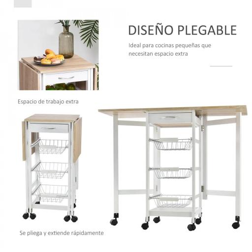 Carrito Auxiliar Plegable Carrito de Cocina con 6 Ruedas 1 Cajón y 3 Cesta de Metal 97,2x37x77,5 cm Blanco y Roble [6]