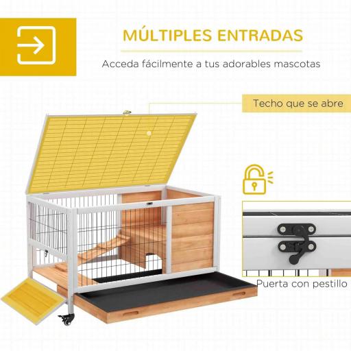 Jaula de Conejos Conejera para Mascotas Pequeñas con Techo Abrible y Bandeja Extraíble 90x53x59 cm Natural [4]