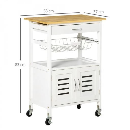 Carrito de Cocina con Ruedas Carro de Almacenamiento Multiuso con Encimera de Bambú Cajón Cesta Metálica y Armario de 2 Puertas de Persiana 58x37x85,5 cm Blanco [1]
