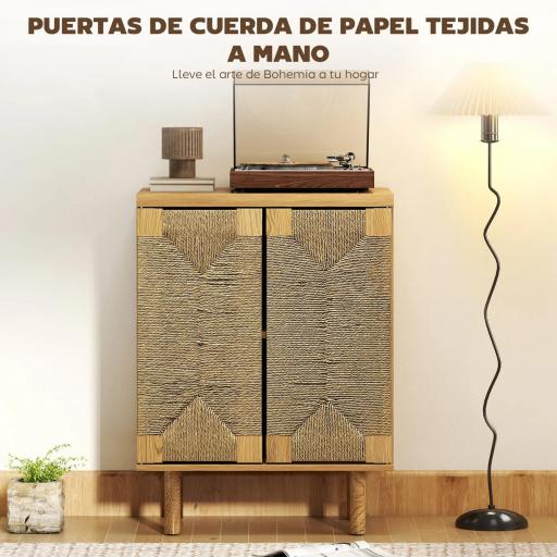 Aparador Bohemio de 2 Puertas con Cuerda Tejida a Mano Estante Ajustable Apertura por Presión Roble 60x40x78 cm [7]