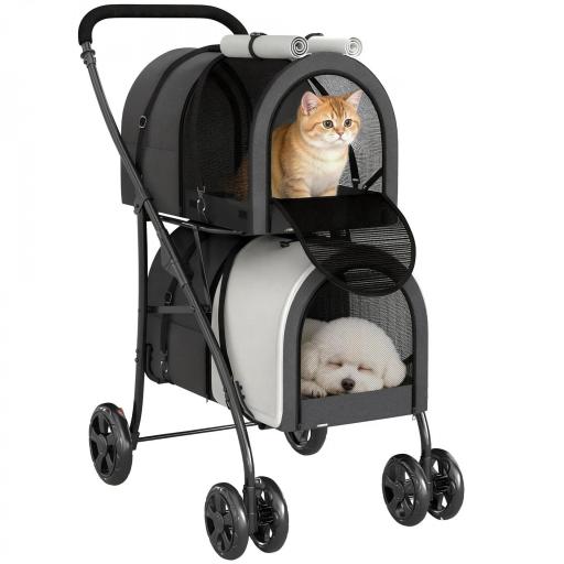 Carrito Doble para Perros Gatos Plegable con 2 Transportines Extraíbles con Cinturón y Cojines 66x50x98cm Gris Oscuro [7]