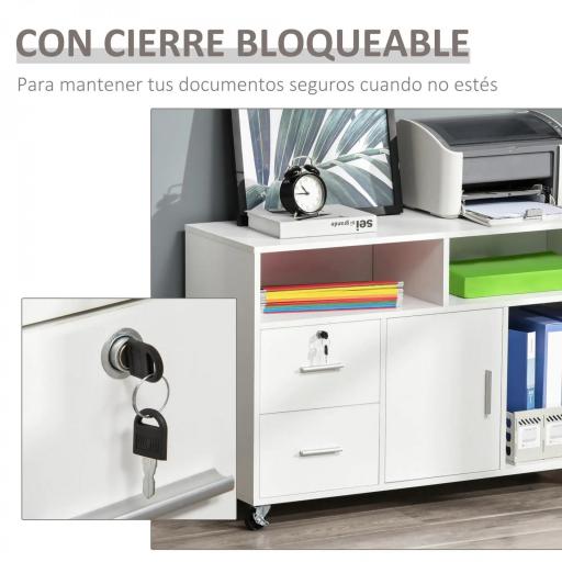 Mueble Auxiliar de Oficina Mueble Archivador con Ruedas Estantes y Cajones Armario Multiusos con Gran Almacenaje 100x35x65 cm Blanco [4]