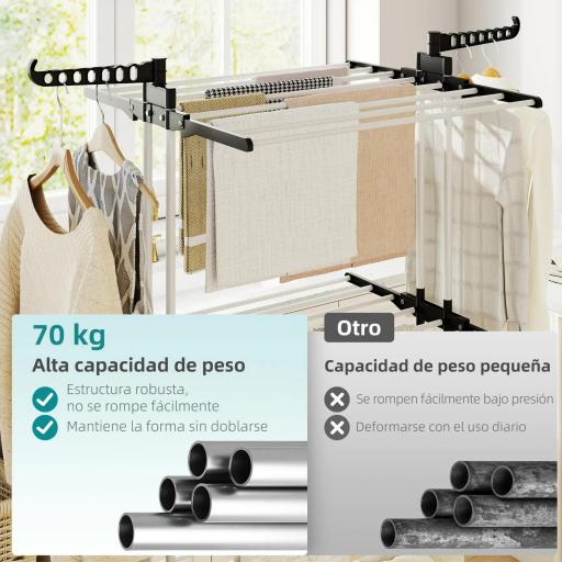 Tendedero de Ropa Plegable con Ruedas 3 Niveles con Alas Plegables y Colgadores 73x64x172 cm Negro y Blanco [7]